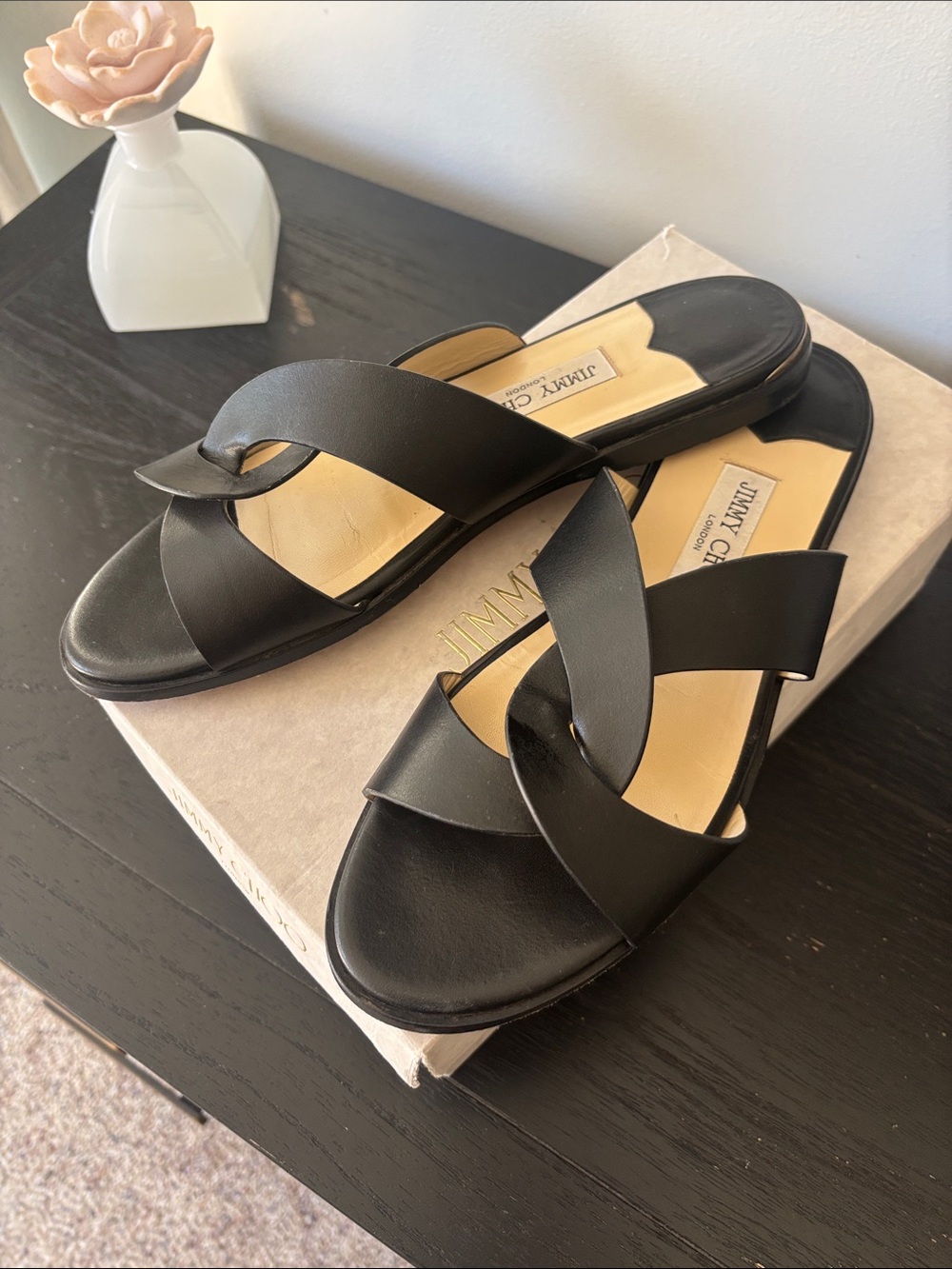 Jimmy Choo Black Leather Crossover Slide Sandals